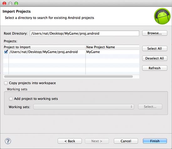 Selecting the proj.android folder and finalizing the new Eclipse project